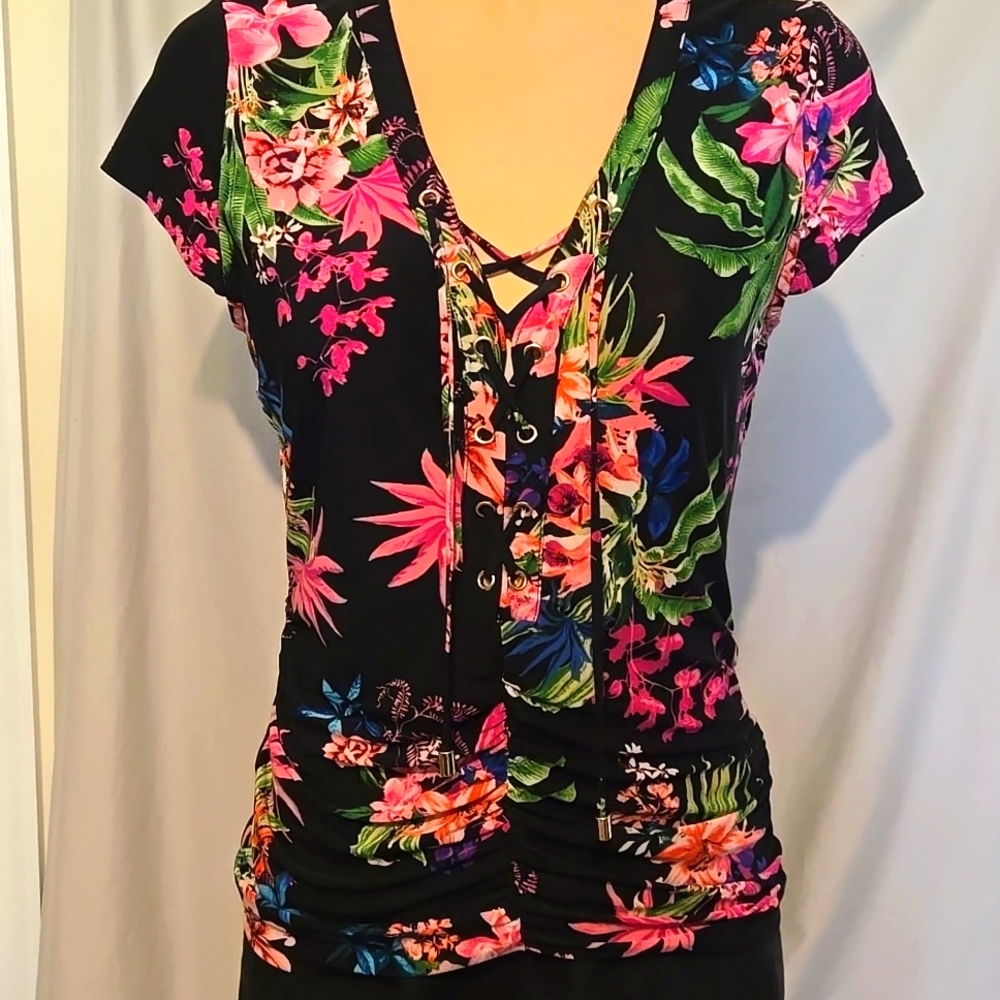 INC ruched Lace Up front floral blouse